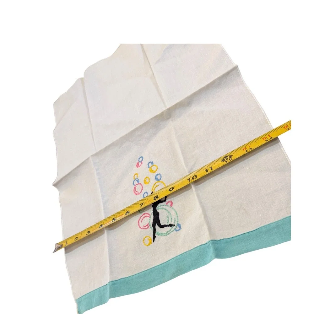 VTG Hand Embroidery‎ Guest Towel Circus Juggler Silhouette Aqua Trim Mid Century